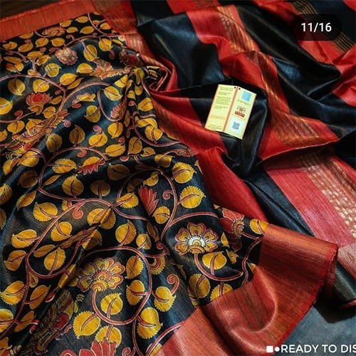 Saree 4 Ghicha Tussar Silk Saree,Tussar Silk Saree Online,Black and Yellow Silk Saree,Hand Block Printed Silk Saree