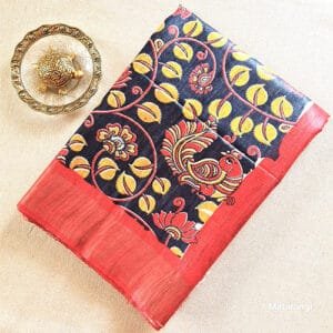 Ghicha Tussar Silk Saree,Tussar Silk Saree Online,Black and Yellow Silk Saree,Hand Block Printed Silk Saree