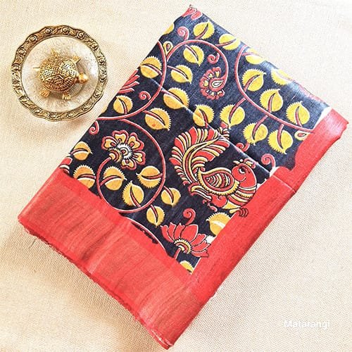 Saree 1 Ghicha Tussar Silk Saree,Tussar Silk Saree Online,Black and Yellow Silk Saree,Hand Block Printed Silk Saree