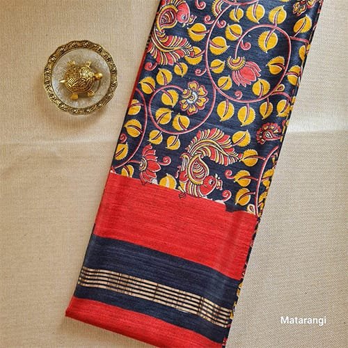 Saree 3 Ghicha Tussar Silk Saree,Tussar Silk Saree Online,Black and Yellow Silk Saree,Hand Block Printed Silk Saree