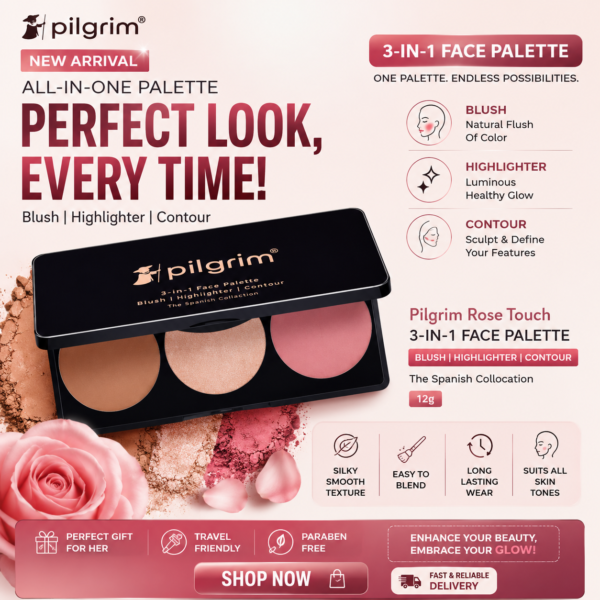 Pilgrim Rose Touch 3-IN-1 Face Palette Blush|Highlighter|contour the Spanish Collocation 12g