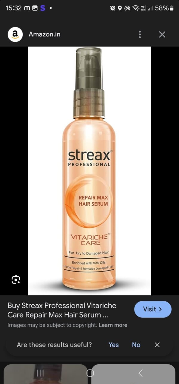 streax repair max hair serum vitarich care for dry to damaged hair 100ml