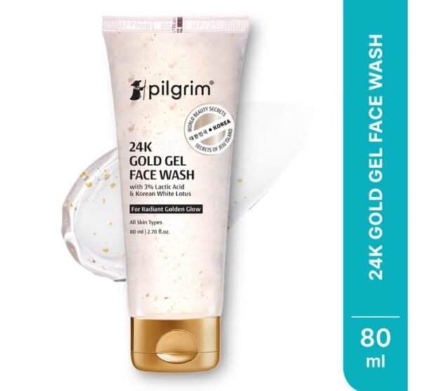 pilgrim 24k gold gel face wash with 3% lactic acid and korean white lotus all skin type 80ml