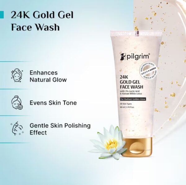pilgrim 24k gold gel face wash with 3% lactic acid and korean white lotus all skin type 80ml